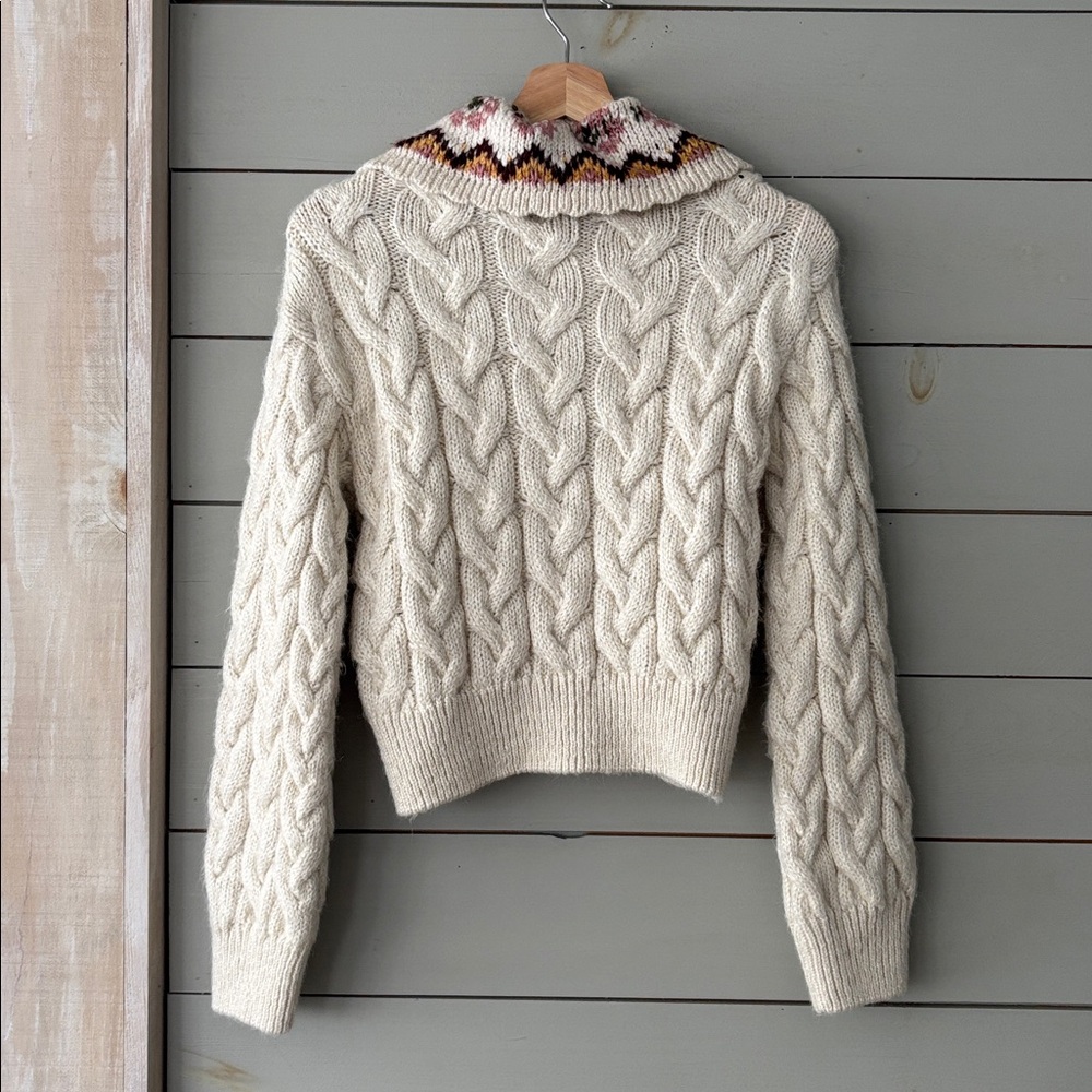 Mango Cream Cable-Knit Cardigan with Floral Collar - Picture 6 of 6